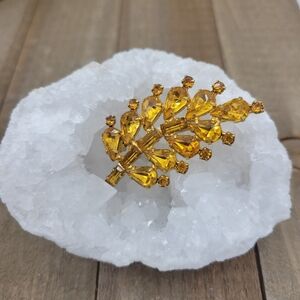 Vintage 50s Rhinestone Leaf Brooch • Beautiful Amber Colored Pin